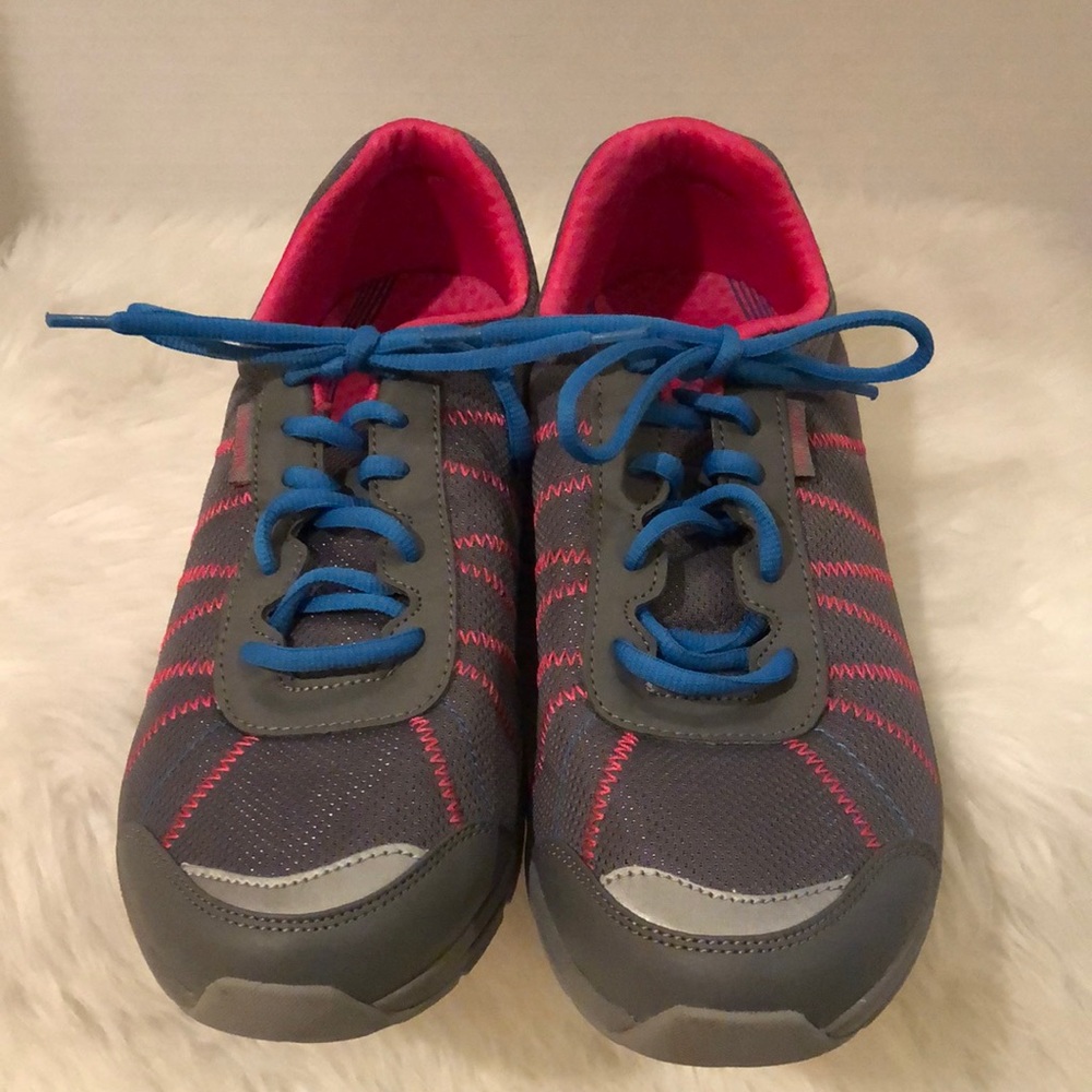 Vionic Gray Athletic Sneakers with Blue Laces and Pink Interior